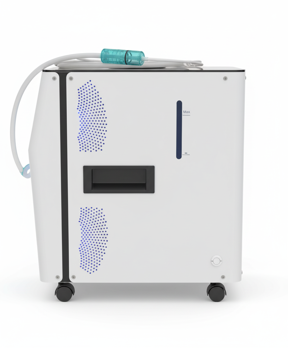 Side profile of the AeroPure H2 3000 showing perforated cooling vents, recessed carry handle, and the distilled-water level gauge