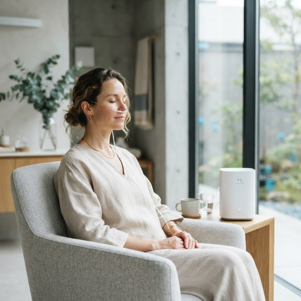 A person relaxing while using the AeroPure H2 3000 hydrogen inhalation machine with a nasal cannula